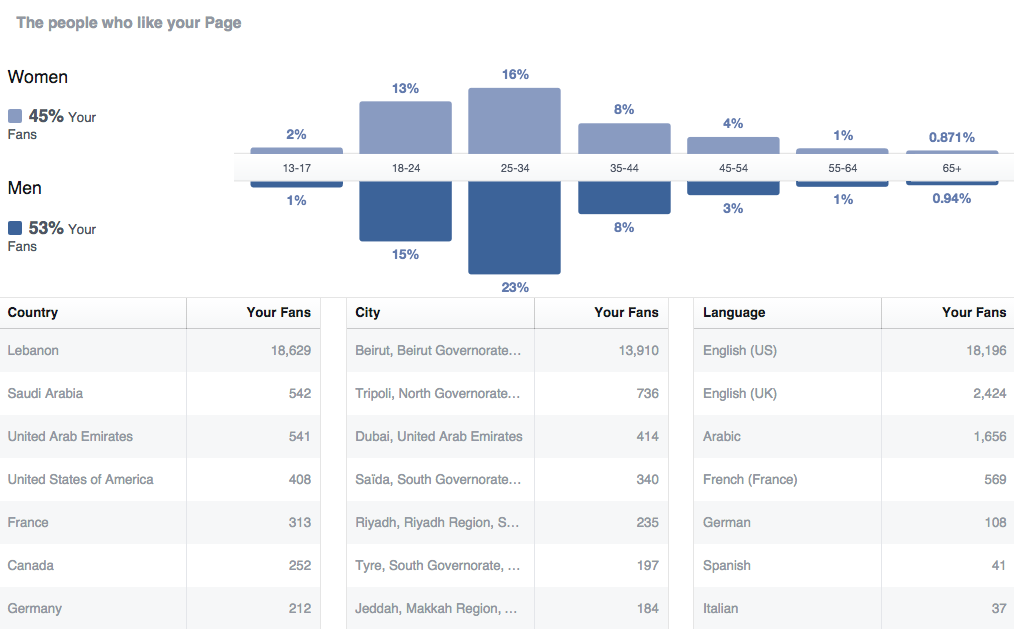Recent statistics of the page. Note: 'Language' means the language users use Facebook in. Our page is in Arabic with many posts getting translated into English.
